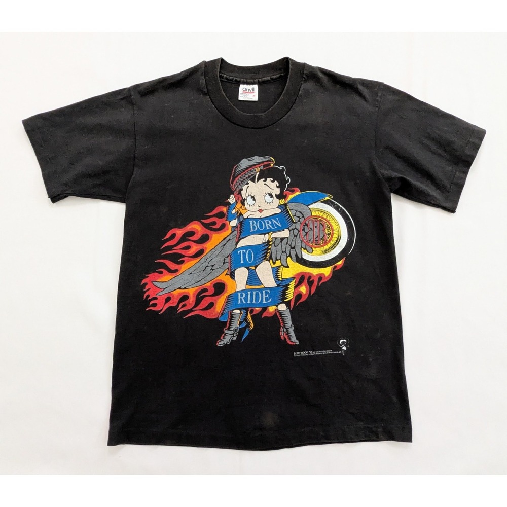 VINTAGE Betty Boop Men's T-Shirt Graphic Born To Ride Single Stitch 90s Black M